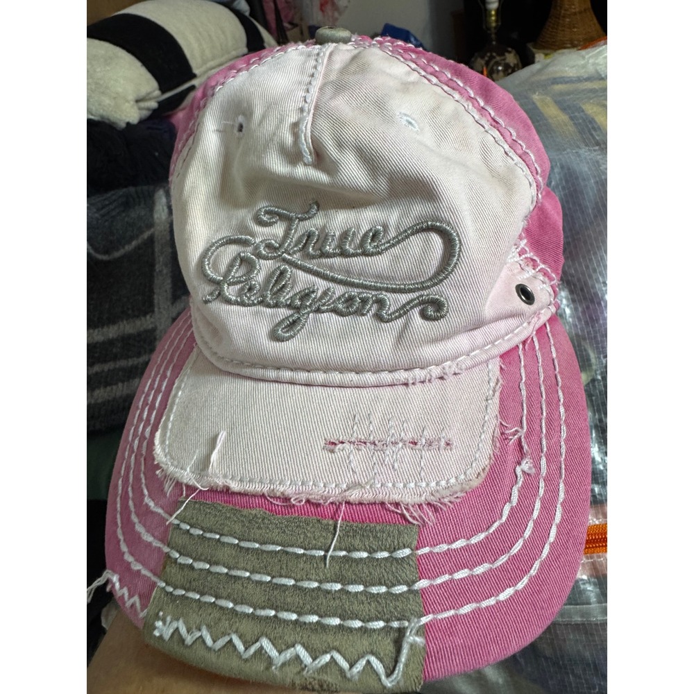 True Religion Y2KXXX Pink Distressed trucker Baseball Cap Thick Stitch lego